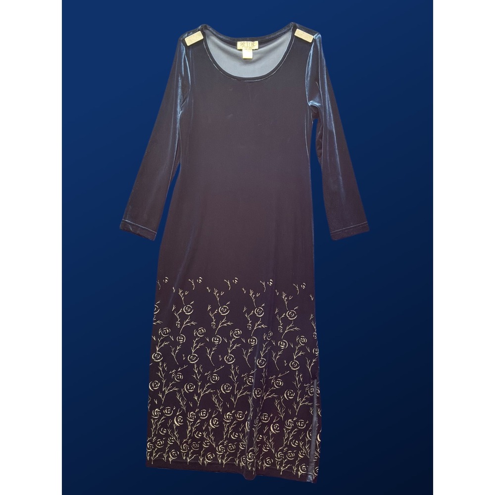 Whimsigoth Womens Petite Sophisticate Velvet Midi Dress S Navy Blue Gold Floral